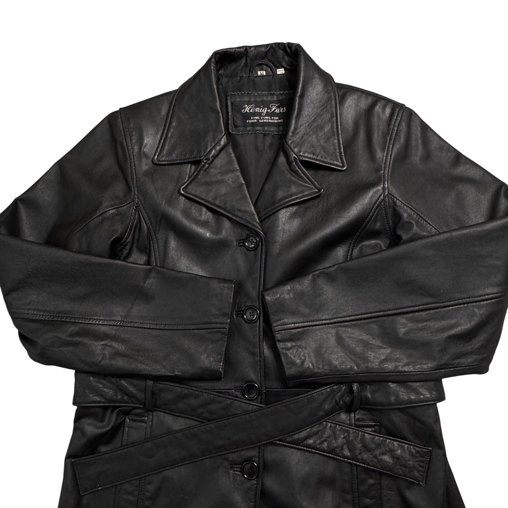 Henig Furs Genuine Leather Belted Trench Coat Womens Size Medium Black - Picture 5 of 14